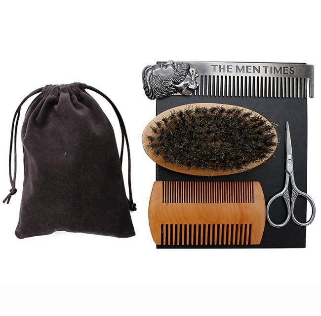 FOCSTAR Ready to Ship 4 in 1 Stainless Steel Mens Beard Grooming Set Scissors Comb Brush Kit with Giftbox (BTA009)