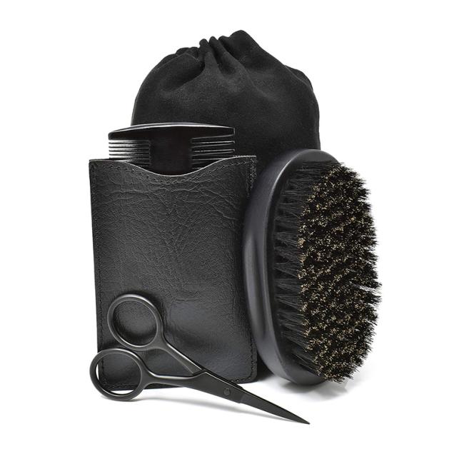 FOCSTAR Black Stainless Steel & Wood BTA010 Beard Grooming Kit with Scissors Brush Comb PU Custom Logo Gift Box Personal Care