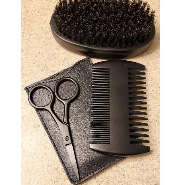 FOCSTAR Black Stainless Steel & Wood BTA010 Beard Grooming Kit with Scissors Brush Comb PU Custom Logo Gift Box Personal Care