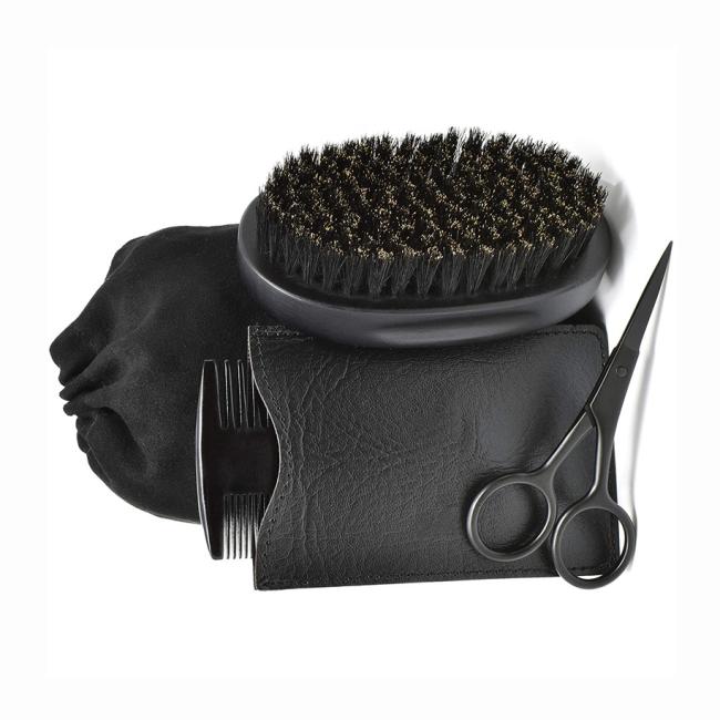 FOCSTAR Black Stainless Steel & Wood BTA010 Beard Grooming Kit with Scissors Brush Comb PU Custom Logo Gift Box Personal Care