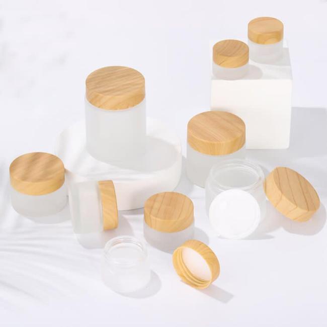 Close-up of wood grain cap and glass jar