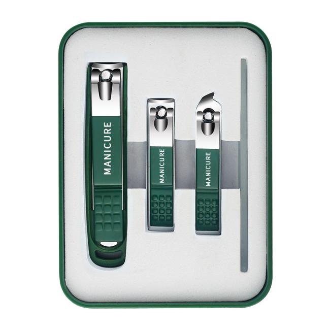 FOCSTAR 2023 Green Color Manicure Nail Clipper Set Anti-Splash with 2 3 4 6 Pieces Catcher for Fingers (BT2056)