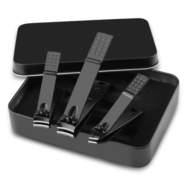 FOCSTAR Competitive Price 3pcs Black Carbon Steel Nail Clipper Nail Cutter Clippers Manicure Tool in Black Metal Box (BT2033)