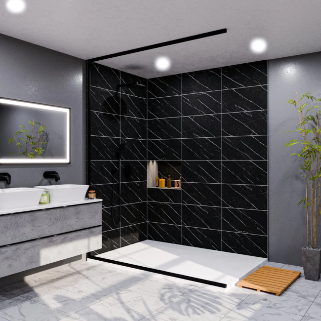 Luxury interior wall decoration using black marble finish ACP panels with realistic white veins for modern bathroom and hotel lobby