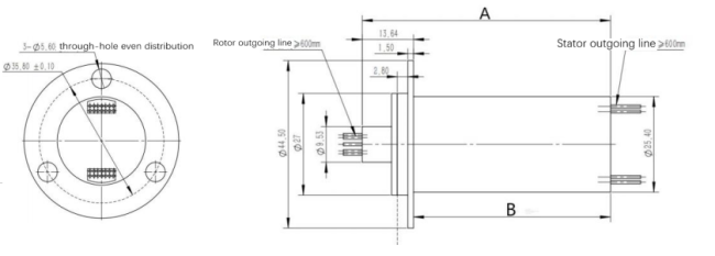 Technical outline drawing of industrial slip ring showing dimensions and component layout