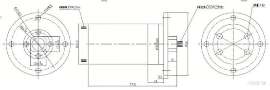 Technical outline drawing of miniature brushless slip ring showing dimensions and mounting specifications