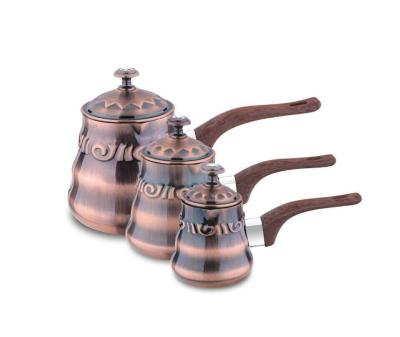 China Middle east type  stainless steel browen color  3 pcs  milk cup with lid and bakelite handle & tea pot & coffee pot for sale