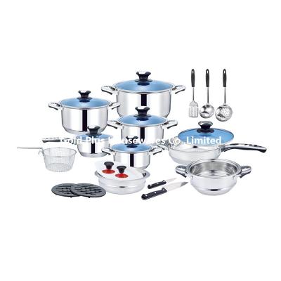 China Pots and pans 25pcs non stick soup pot stainless steel kitchen utensils long handle noodle pot with blue glass lid for sale