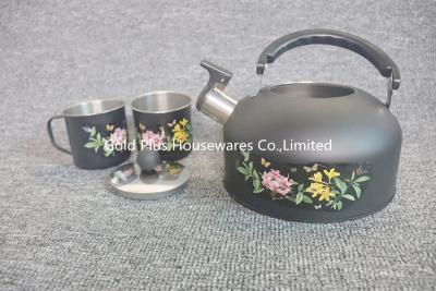 China Travel kettle black color whistle kettles with two small cups stainless steel single layer water boiled teapots for sale
