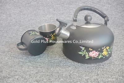 China Kitchen tea set flower painting stainless steel whistling tea pot black color whistling kettle with two cups for sale