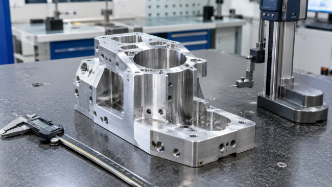 5-axis CNC machined aluminum component with precision pockets, drilled holes and dimensional inspection