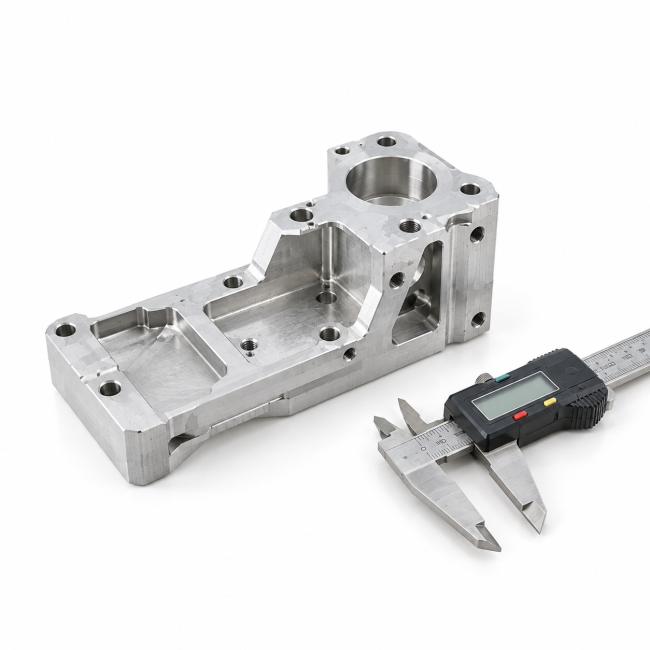 Custom CNC machined aluminum mounting component with precision holes and dimensional inspection