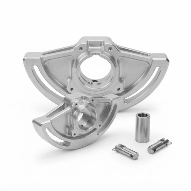 Custom CNC aluminum marine rudder quadrant with curved cable slots and a precision shaft bore