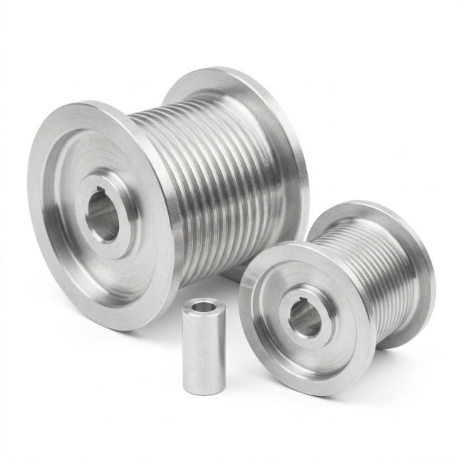 Custom CNC aluminum UAV winch drums with helical cable grooves and precision shaft bores