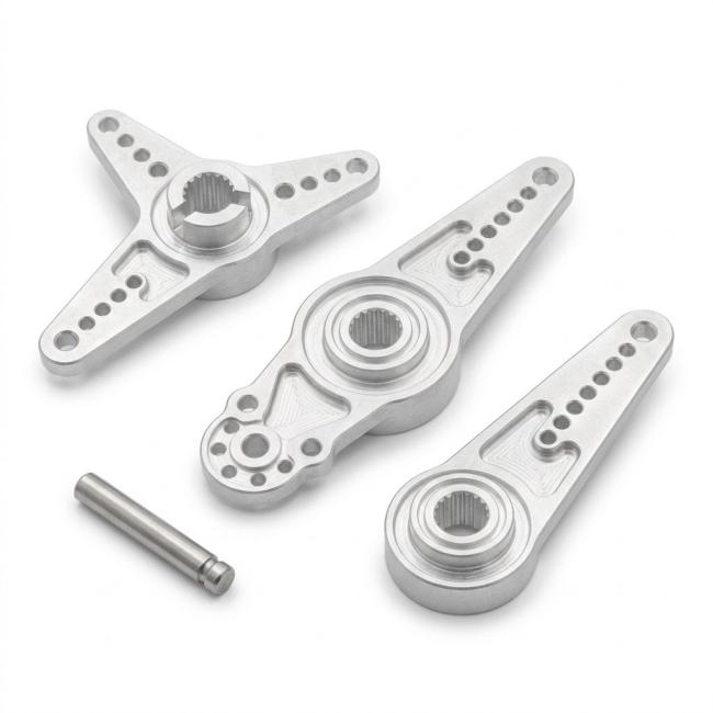 Custom CNC aluminum UAV servo horns with precision spline bores and flight control linkage holes