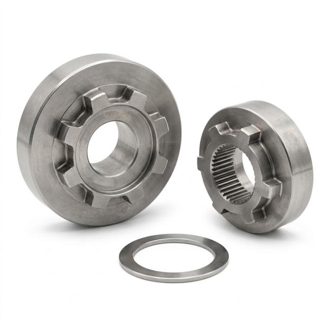 Custom CNC 17 4PH stainless steel dog clutch hubs with face engagement teeth and precision spline bores