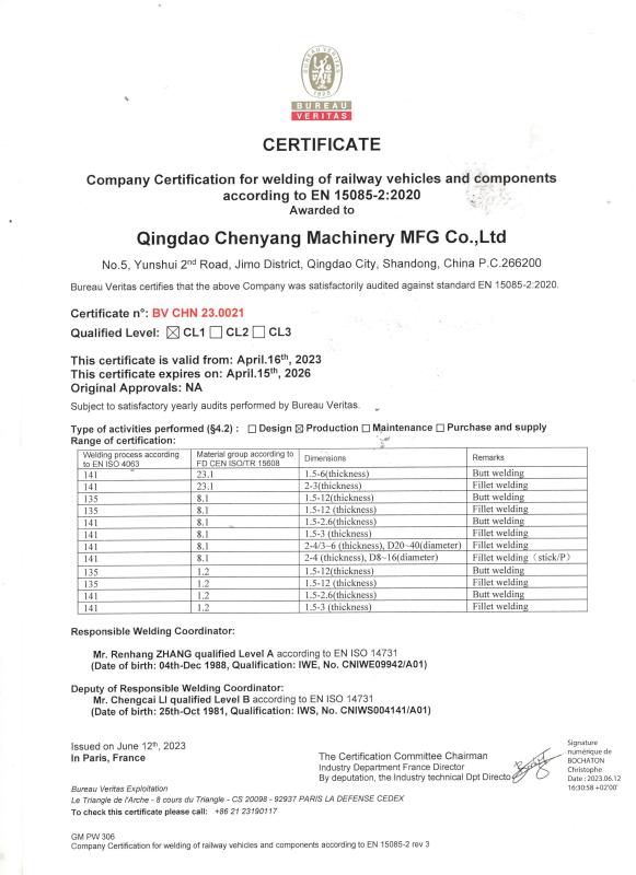 EN15085-2:2020 - Qingdao Chenyang Machinery Mfg Co., Ltd.