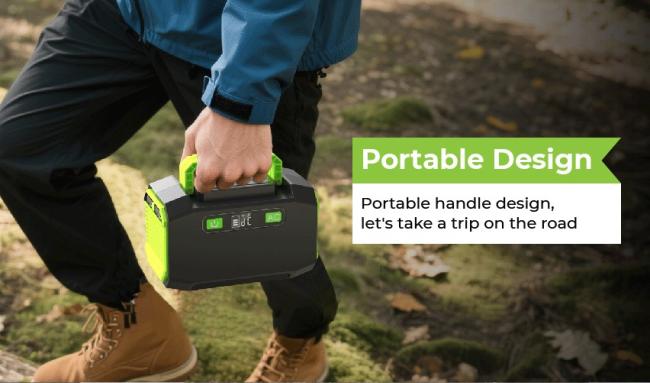 Compact power station showing portable size and carrying handle