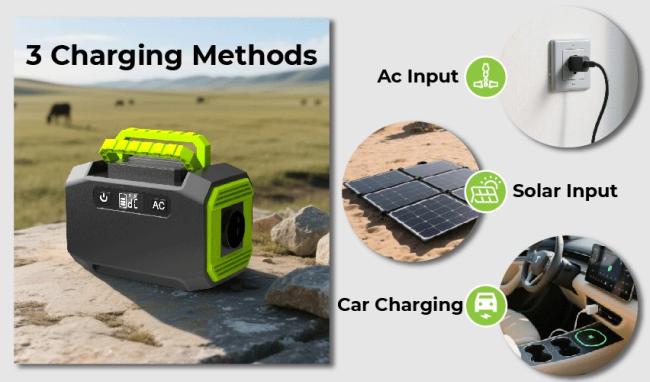 Power station in outdoor setting with solar panel connection