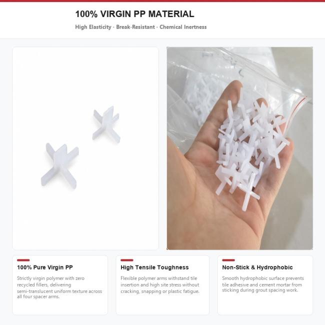 Tile cross spacer 2 mm in virgin polypropylene with central pull-out handle, uniform joint spacing and burr-free moulding