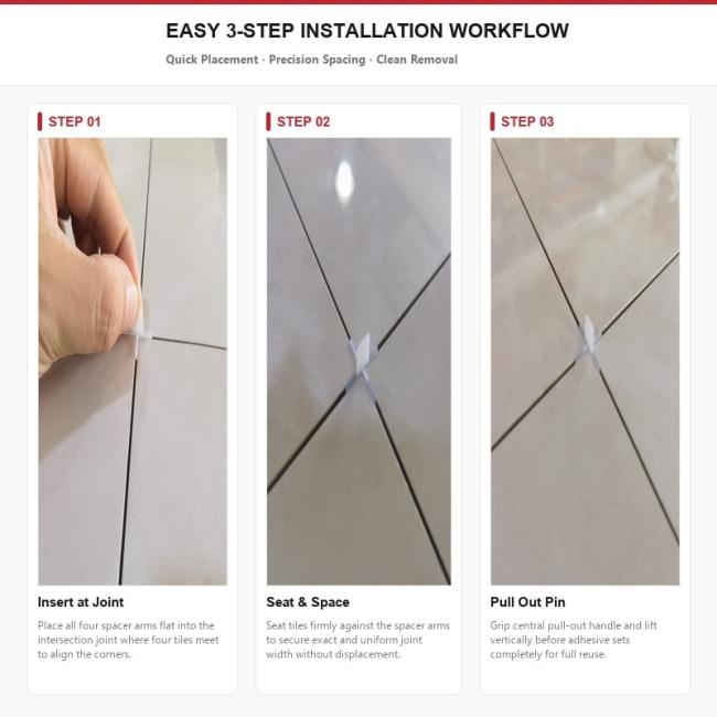 Tile cross spacer 2 mm pressed by hand into the joint where four tiles meet