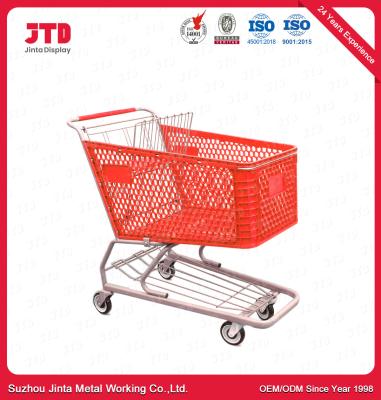 Китай пластиковая магазинная тележкаа посещения магазина бакалеи корзины ISO9001 вагонетки 180L с колесами продается