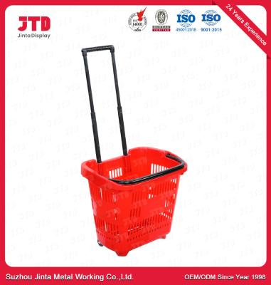 China 60L Plastic Rolling Shopping Basket HDPP Shopping Basket On Wheels With Pull Handle for sale