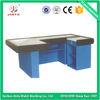 China Blue Supermarket Checkout Counter With Conveyor Belt ISO9001 Stainless Steel Cash Counter for sale