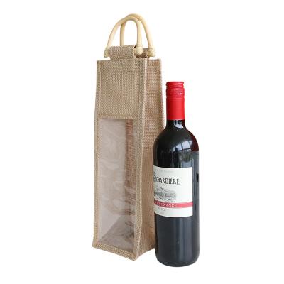 China One Bottles Wine Burlap Tote Bag Recyclable Beer Festival With PVC Window for sale