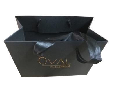 China Custom Small Black Paper Bags Online Jewellery Packaging With Gold Foil Logo for sale
