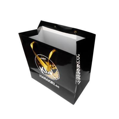 China Custom Printed Black Paper Euro Tote Bags With Satin Ribbon Rope Gold Foil Logo for sale