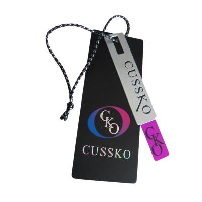 China Custom Printed Luxury Clothing Paper Hang Tags Embossed Silver Foil Stamping Logo for sale
