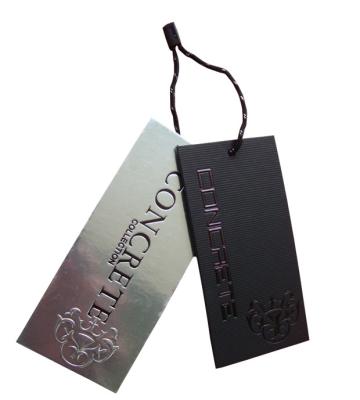 China Recycled Silver Paper Swing Tags Luxury Clothing Hangtag Emboss Black Foil Logo for sale