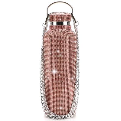 China 2021 New Design Girl Rhinestone Diamond Crystal Luxury Stainless Steel Water Bottle Vacuum Flask With Chain for sale