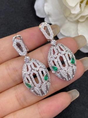 China White 18K Gold Diamond Earrings Emerald Eyes Full Pave Diamonds for sale