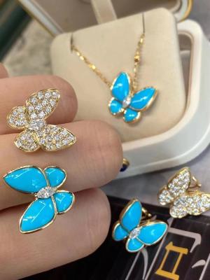 China VCA Two Butterfly Earrings 18k Yellow Gold With Turquoise Diamonds for sale
