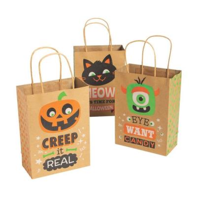 China Custom Print Brown Kraft Paper Halloween Party Candy Sweet Goodie Gift Bags With Logo for sale