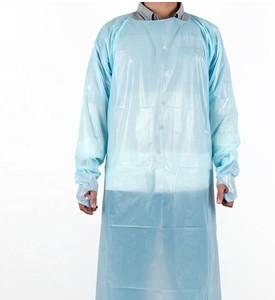China Custom Bule Disposable Protective Coveralls , CPE Long Sleeve Plastic Apron for sale