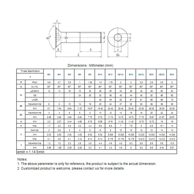 DIN7991A2-70 Stainless Steel M5 Hexagon Socket Countersunk Head Screws Flat Head Bolt Hex Socket Csk Head Machine Screw