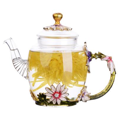 China Flower Pattern Floral Microwavable Teapot , Vintage Glass Teapot With Gold Leaves for sale