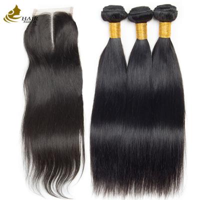 China OEM 18 Inches Natural Black Straight Raw Virgin Human Hair Bundles With Closure for sale
