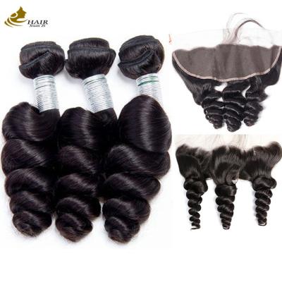 China Loose Wave Brazilian Kinky Curly Virgin Hair Packs With Frontal Lace Closure for sale