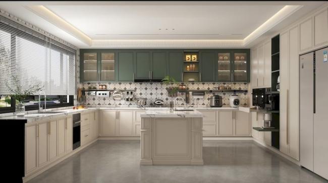 Stainless Steel Modern Kitchen Cabinet - High-quality stainless steel, marble countertop, and glass cabinet doors with room context