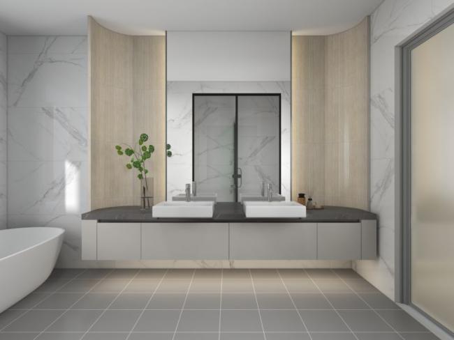 Fadior Starry Gray Stainless Steel Toilet Cabinet With Curved Light Wood Panel - Gray with bathroom vanity overview