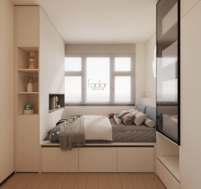 OEM Beige Tatami Storage Bed With Curved Edge Stainless Steel Corner Wardrobe - Beige / White / Black with wardrobe overview