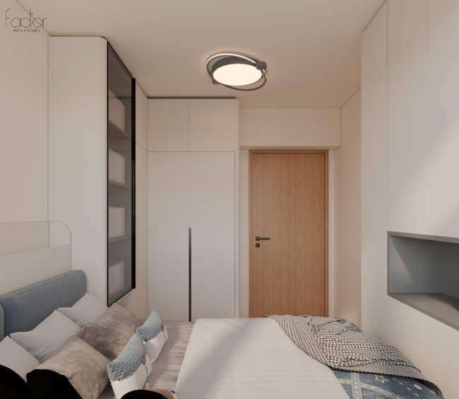 OEM Beige Tatami Storage Bed With Curved Edge Stainless Steel Corner Wardrobe - interior organization