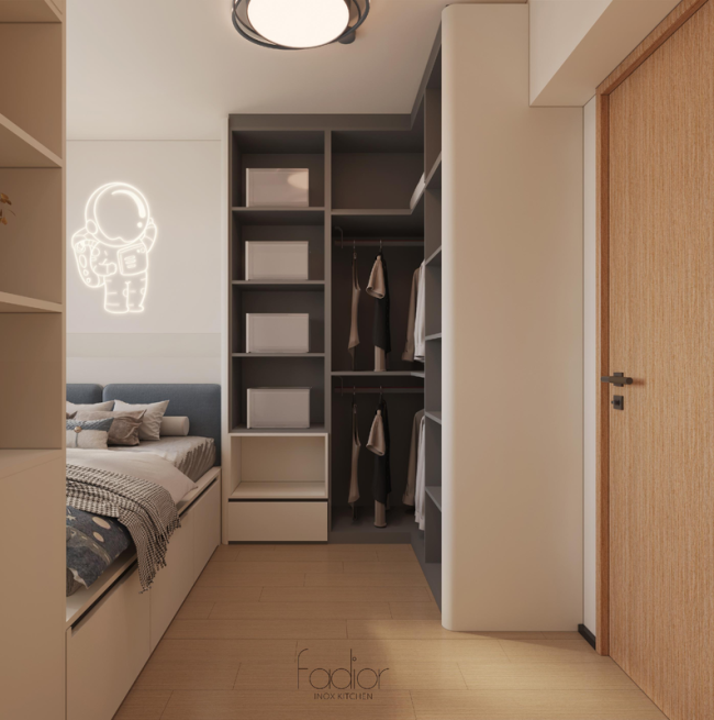 OEM Beige Tatami Storage Bed With Curved Edge Stainless Steel Corner Wardrobe - Modern minimalist style with room context