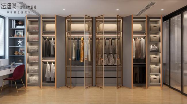 Fadior Custom Walk-In Closet Contemporary Design And Durability In Stainless Steel With Dressing Area - White / Grey with wardrobe overview