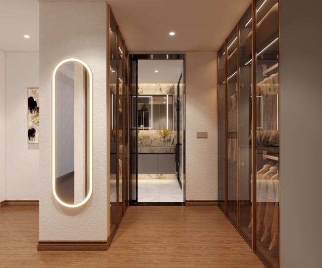 Steel Elegance Modern Gray Walk-In Closet With Gold Accents - wardrobe overview