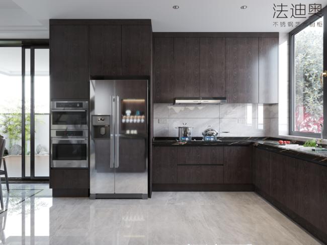 Luxe Espresso Wood Grain Stainless Steel Cabinets For Timeless Kitchen Elegance - U-shaped layout with interior organization